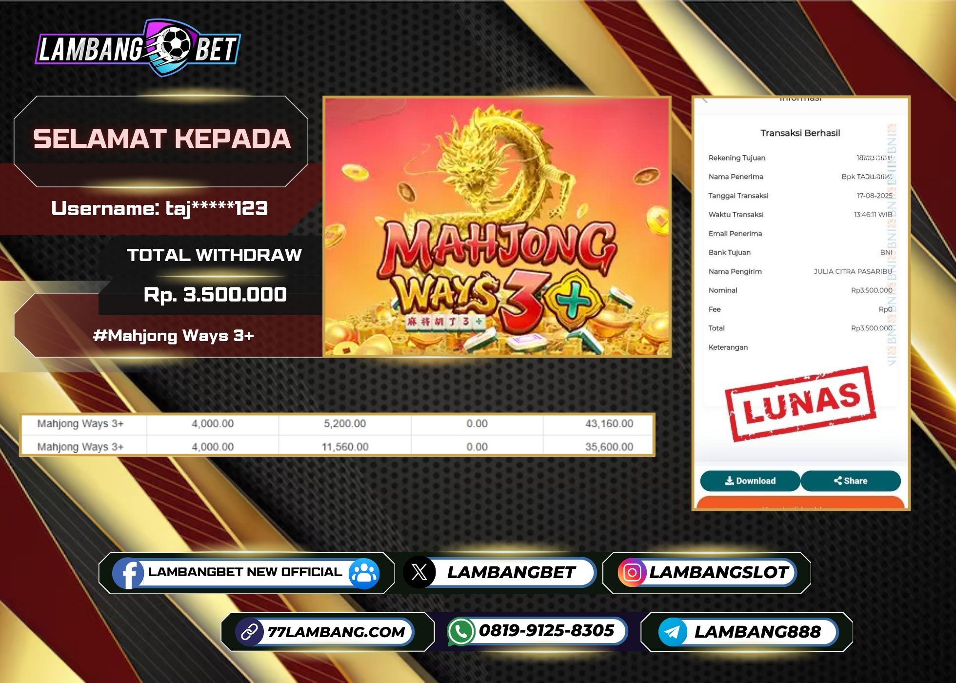 LAMBANGBET [17 AUGUST 2025] JACKPOT SLOT Mahjong Ways 3+ "Rp3.500.000" LUNAS
